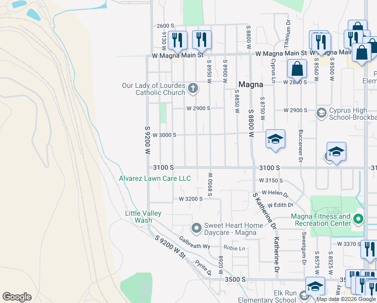 map of restaurants, bars, coffee shops, grocery stores, and more near 3019 South 9050 West in Magna