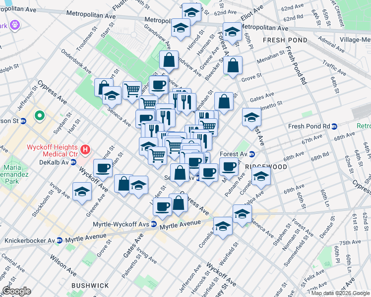 map of restaurants, bars, coffee shops, grocery stores, and more near in Queens