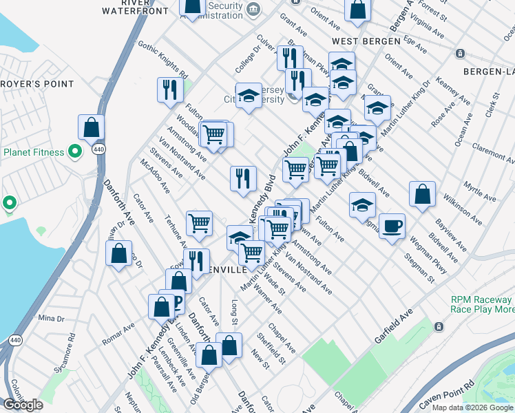 map of restaurants, bars, coffee shops, grocery stores, and more near 1917 John F. Kennedy Boulevard in North Bergen