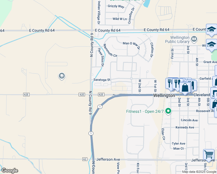map of restaurants, bars, coffee shops, grocery stores, and more near 3300 Saratoga Street in Wellington