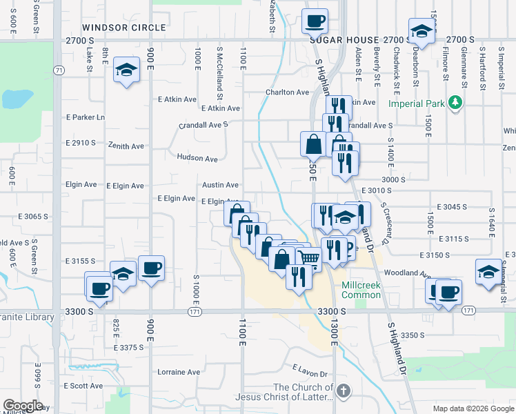 map of restaurants, bars, coffee shops, grocery stores, and more near 1111 Elgin Avenue in Salt Lake City