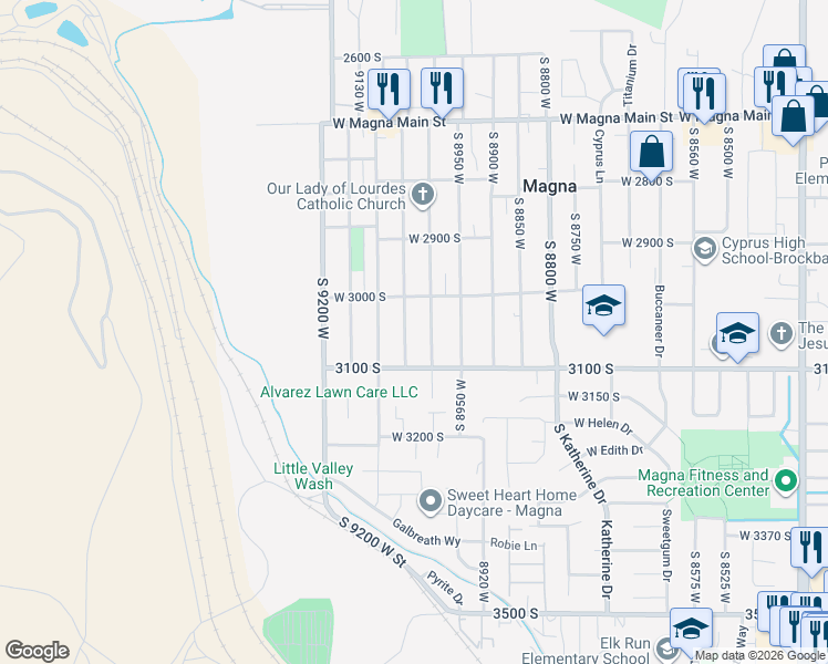 map of restaurants, bars, coffee shops, grocery stores, and more near 3019 South 9050 West in Magna