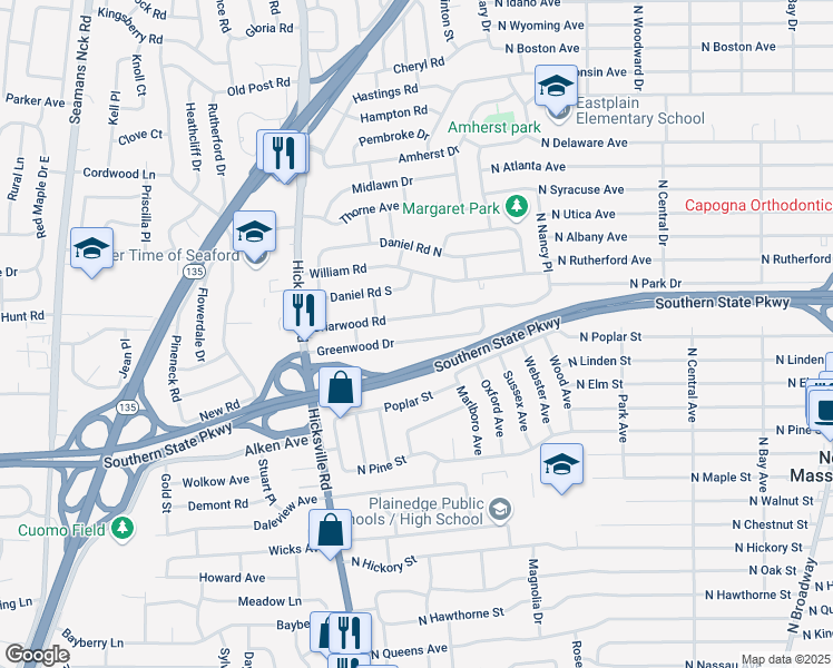 map of restaurants, bars, coffee shops, grocery stores, and more near 413 Briarwood Road in Massapequa