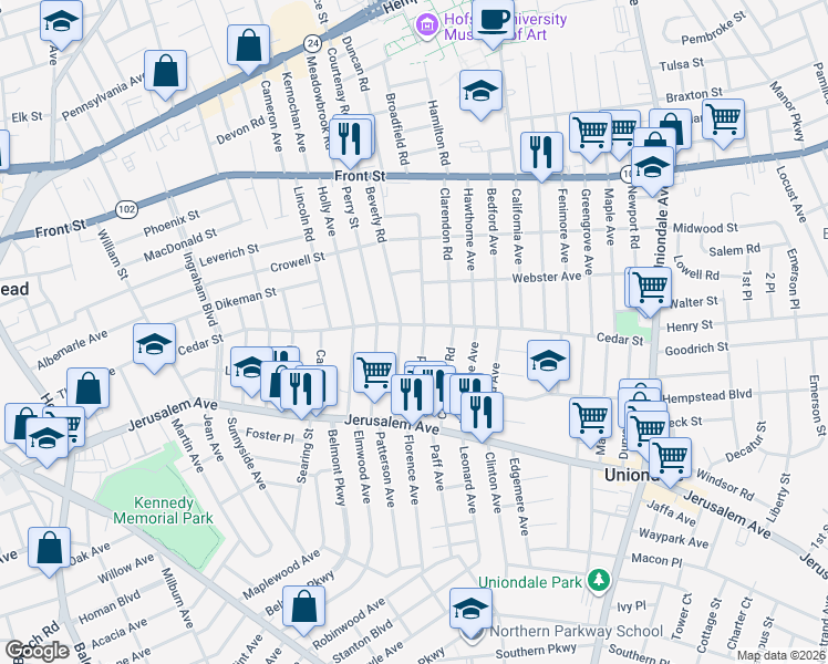 map of restaurants, bars, coffee shops, grocery stores, and more near 113 Rutland Road in Hempstead