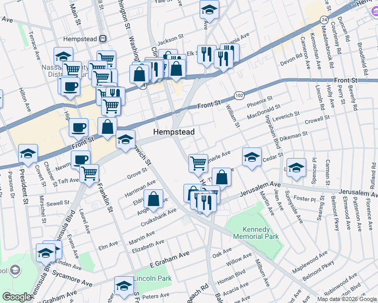 map of restaurants, bars, coffee shops, grocery stores, and more near 2 Duryea Place in Hempstead