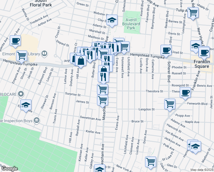 map of restaurants, bars, coffee shops, grocery stores, and more near 100 Meacham Avenue in Elmont