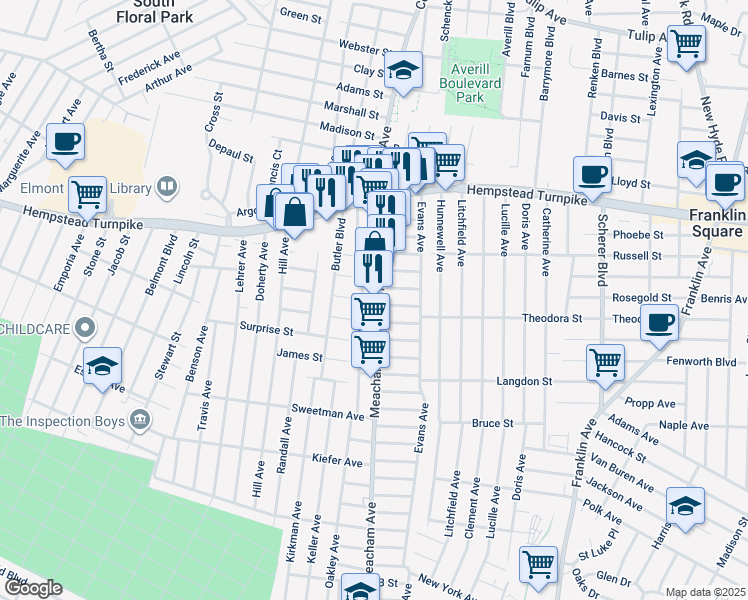 map of restaurants, bars, coffee shops, grocery stores, and more near 100 Meacham Avenue in Elmont