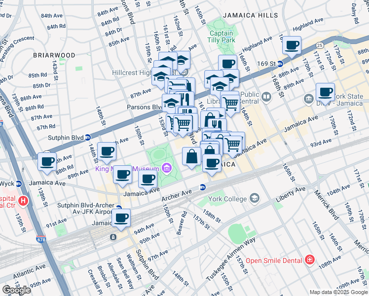 map of restaurants, bars, coffee shops, grocery stores, and more near 89-14 Parsons Boulevard in Queens