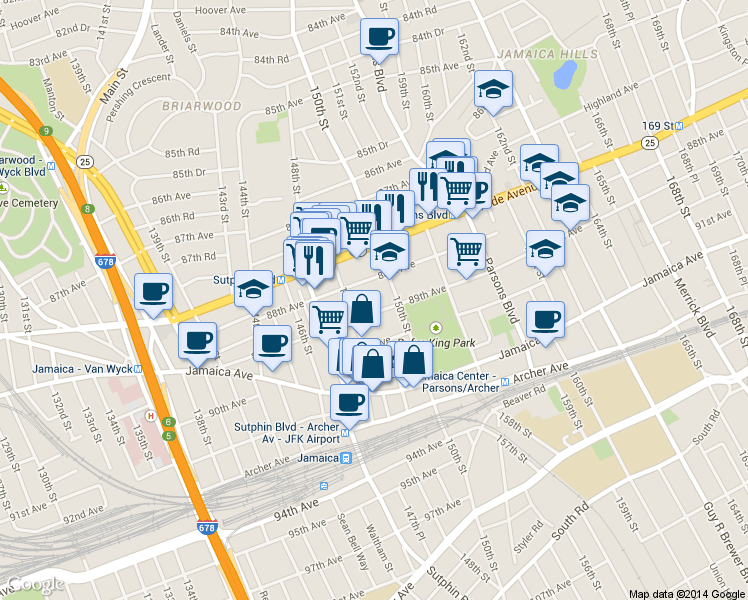 map of restaurants, bars, coffee shops, grocery stores, and more near 150-02 88th Avenue in Queens