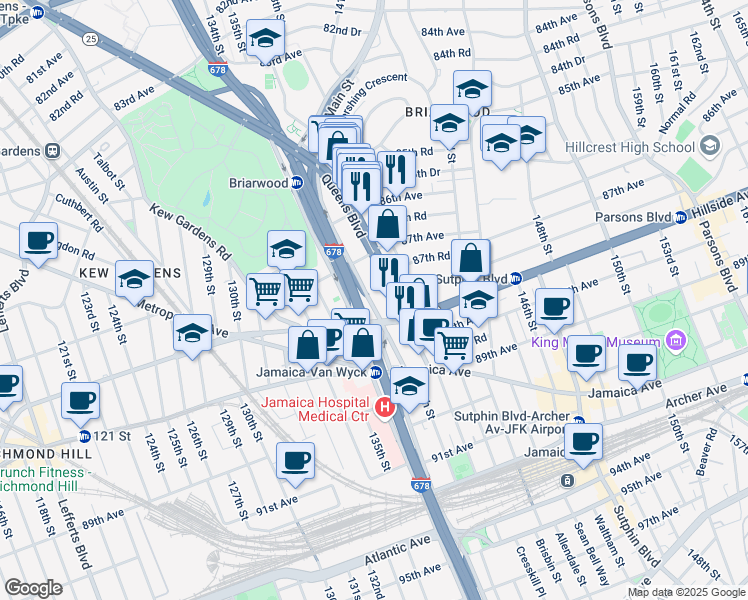 map of restaurants, bars, coffee shops, grocery stores, and more near 139-24 Queens Boulevard in Queens