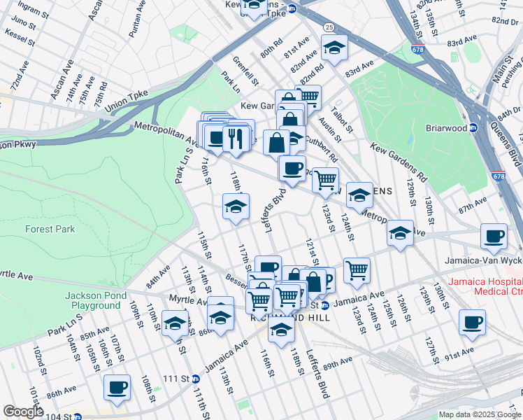 map of restaurants, bars, coffee shops, grocery stores, and more near 83-44 Lefferts Boulevard in Queens