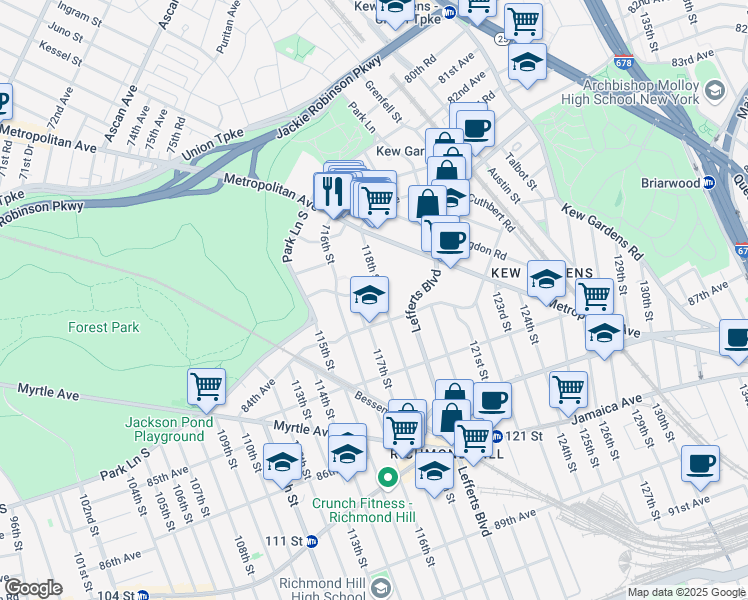 map of restaurants, bars, coffee shops, grocery stores, and more near 83-60 118th Street in Queens