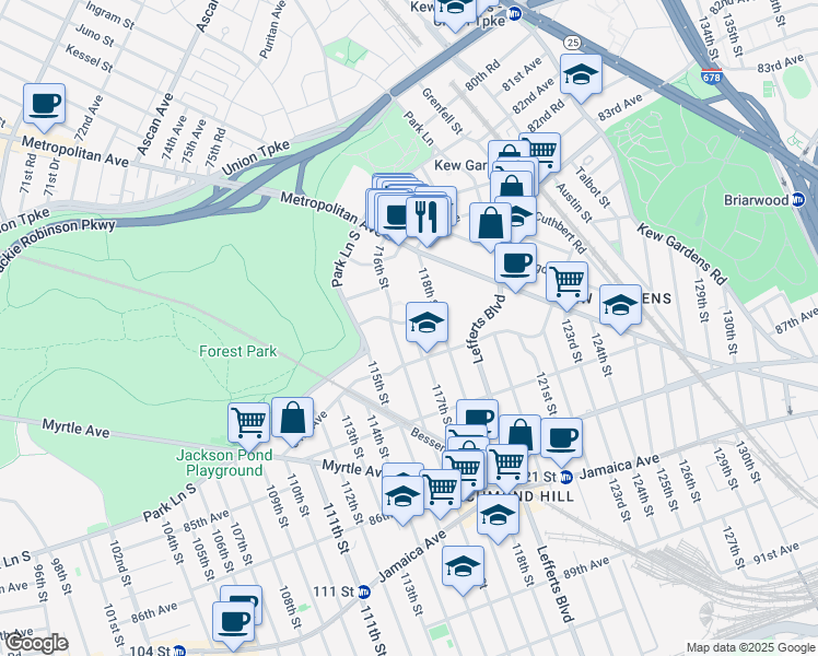 map of restaurants, bars, coffee shops, grocery stores, and more near 8331 116th Street in Queens