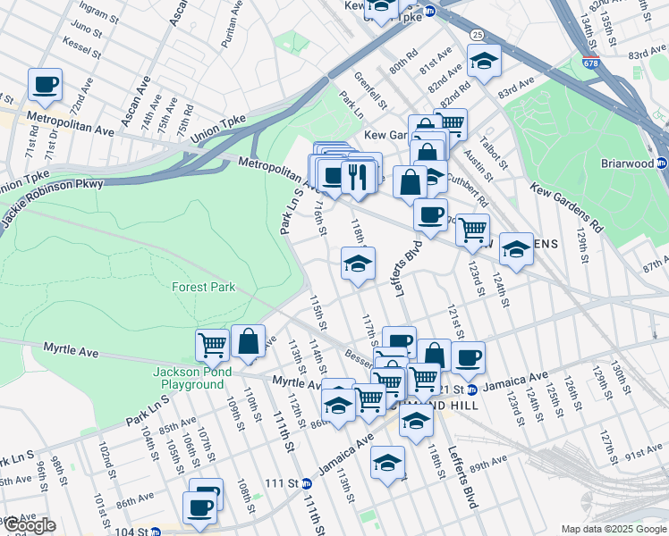 map of restaurants, bars, coffee shops, grocery stores, and more near 8331 116th Street in Queens