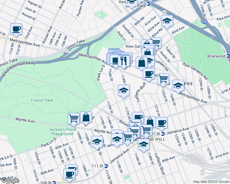 map of restaurants, bars, coffee shops, grocery stores, and more near 8331 116th Street in Queens
