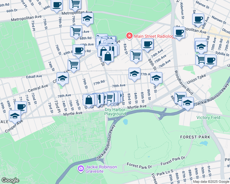 map of restaurants, bars, coffee shops, grocery stores, and more near 8106 78th Avenue in Queens