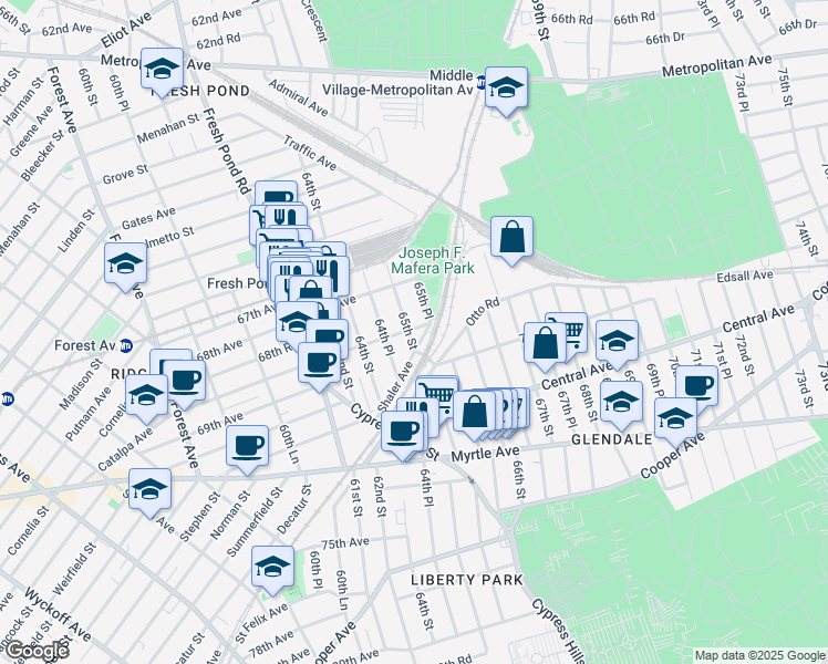 map of restaurants, bars, coffee shops, grocery stores, and more near 68-30 65th Place in Queens
