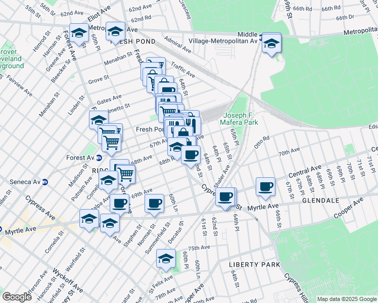 map of restaurants, bars, coffee shops, grocery stores, and more near 6715 Fresh Pond Road in Queens