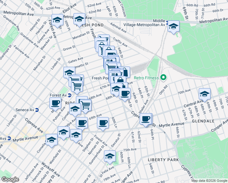 map of restaurants, bars, coffee shops, grocery stores, and more near 60-75 67th Avenue in Queens