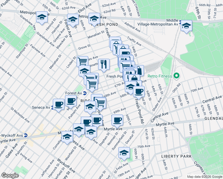 map of restaurants, bars, coffee shops, grocery stores, and more near 66-16 60th Lane in Queens