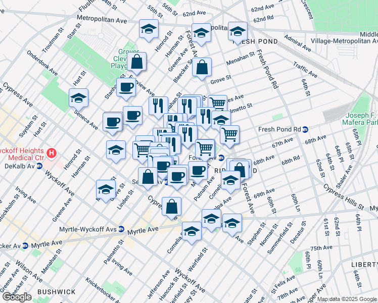 map of restaurants, bars, coffee shops, grocery stores, and more near 663 Woodward Avenue in Queens