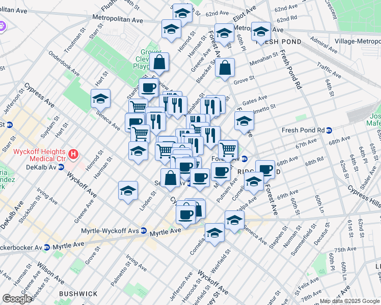 map of restaurants, bars, coffee shops, grocery stores, and more near in Queens