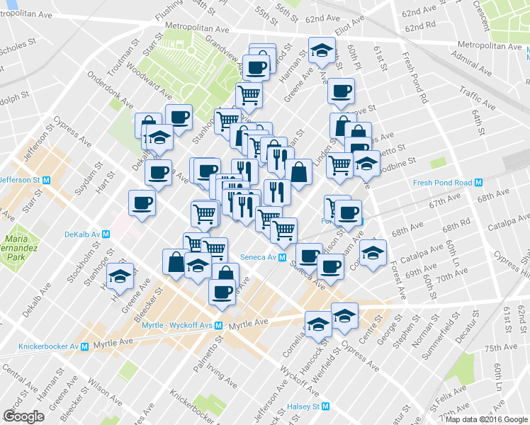 map of restaurants, bars, coffee shops, grocery stores, and more near in Queens