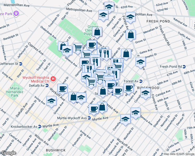 map of restaurants, bars, coffee shops, grocery stores, and more near in Queens