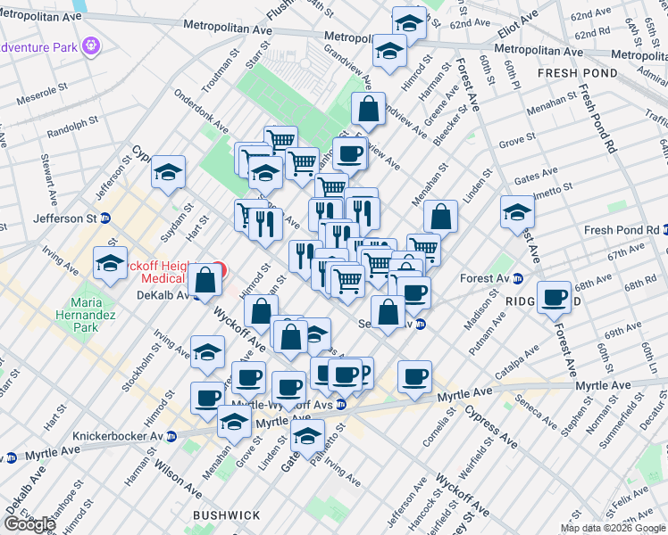 map of restaurants, bars, coffee shops, grocery stores, and more near 494 Seneca Avenue in Queens
