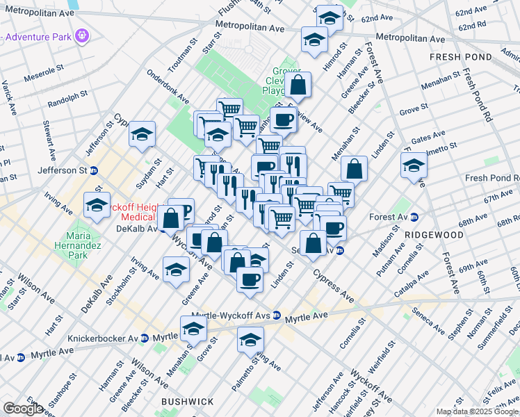 map of restaurants, bars, coffee shops, grocery stores, and more near 494 Seneca Avenue in Queens