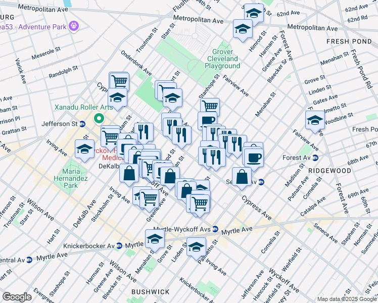 map of restaurants, bars, coffee shops, grocery stores, and more near 17-16 Himrod Street in Queens