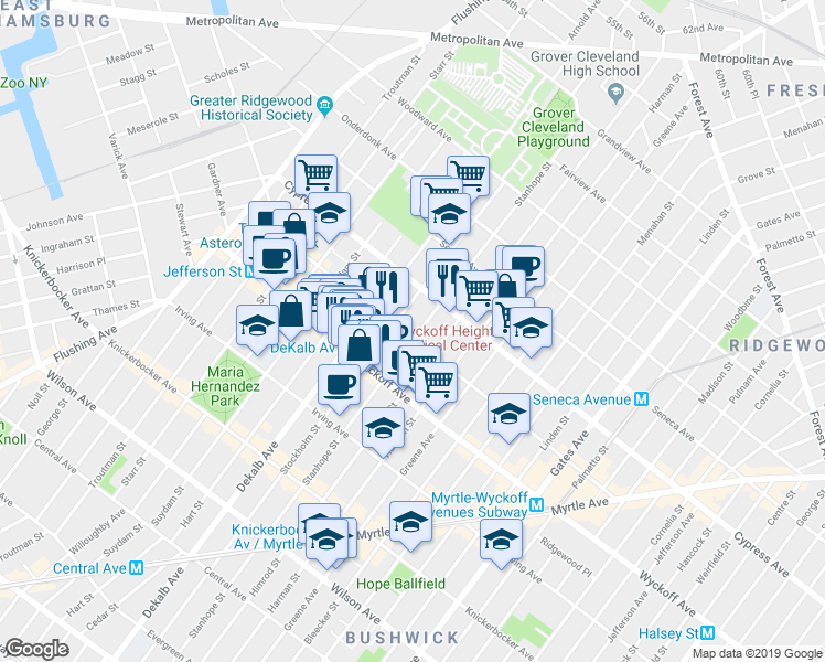 map of restaurants, bars, coffee shops, grocery stores, and more near 403 Stockholm Street in Brooklyn