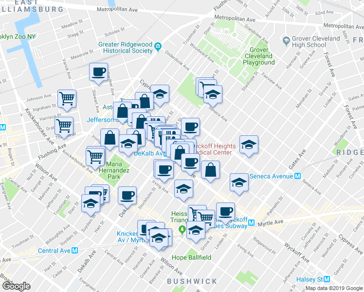 map of restaurants, bars, coffee shops, grocery stores, and more near 114 Saint Nicholas Avenue in Brooklyn