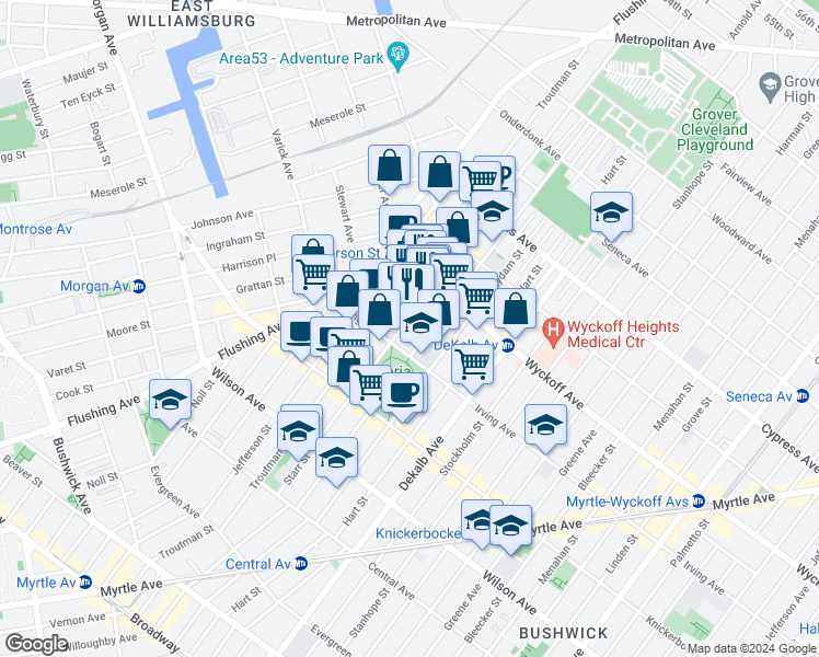 map of restaurants, bars, coffee shops, grocery stores, and more near 229 Starr Street in Brooklyn