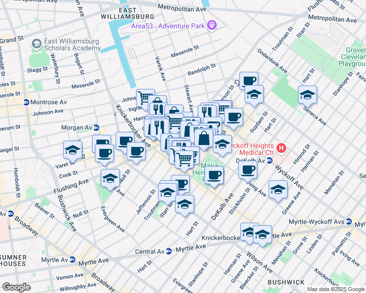 map of restaurants, bars, coffee shops, grocery stores, and more near 444 Melrose Street in Brooklyn