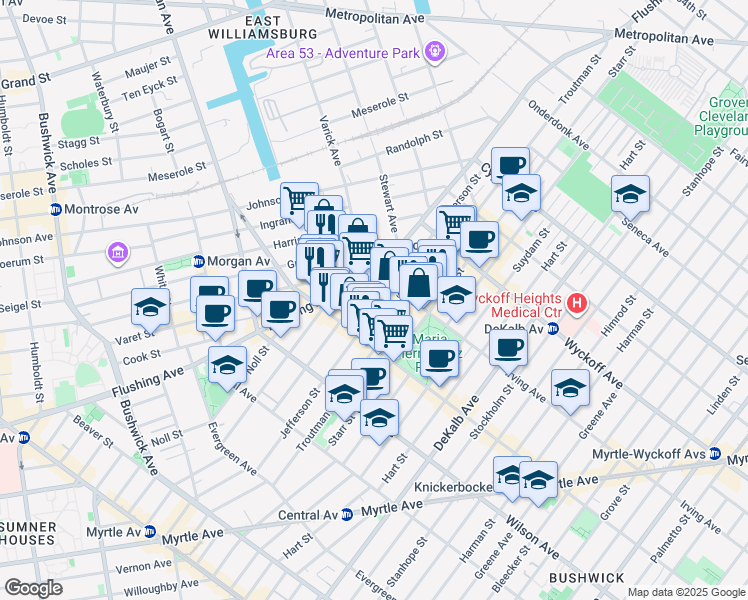 map of restaurants, bars, coffee shops, grocery stores, and more near in Brooklyn