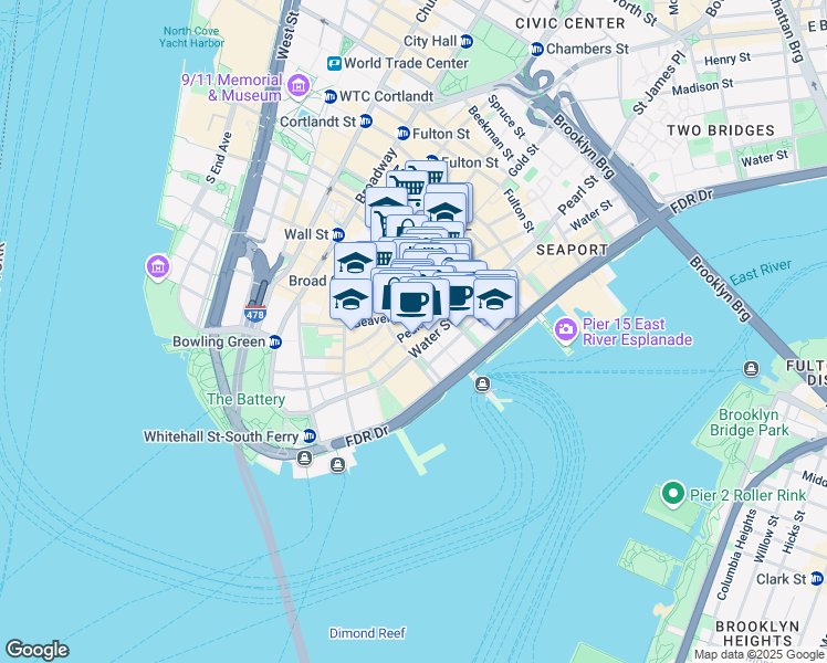 map of restaurants, bars, coffee shops, grocery stores, and more near 67 Wall Street in New York