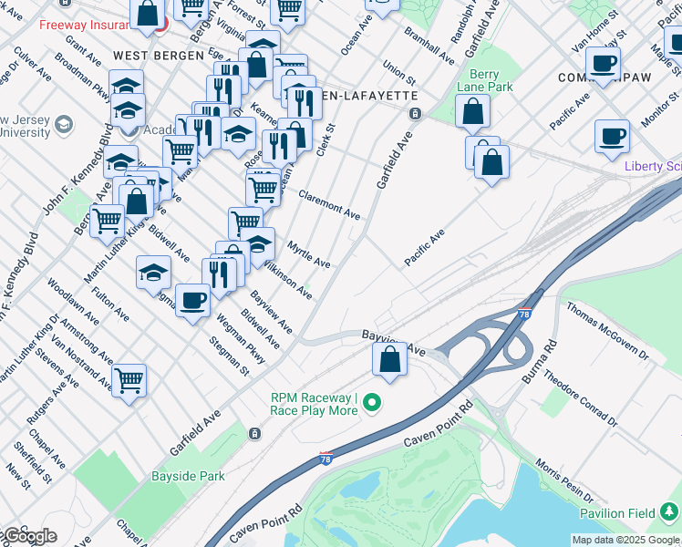 map of restaurants, bars, coffee shops, grocery stores, and more near 753 Garfield Avenue in Jersey City