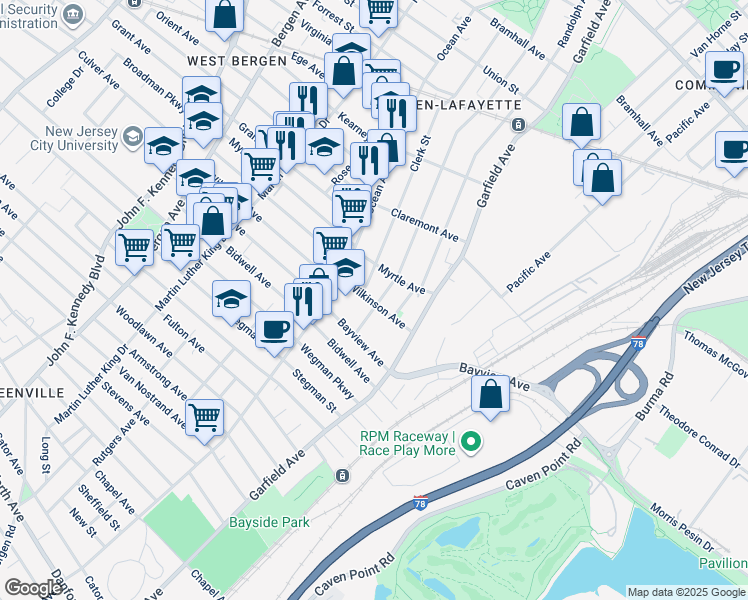 map of restaurants, bars, coffee shops, grocery stores, and more near 44 Clerk Street in Jersey City