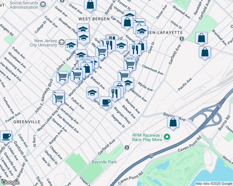 map of restaurants, bars, coffee shops, grocery stores, and more near 114A Bayview Avenue in Jersey City