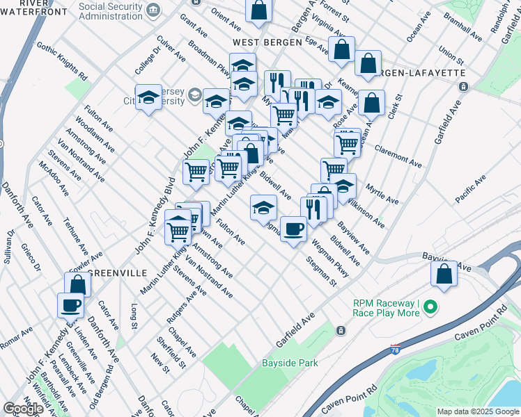 map of restaurants, bars, coffee shops, grocery stores, and more near 168 Wegman Parkway in Jersey City