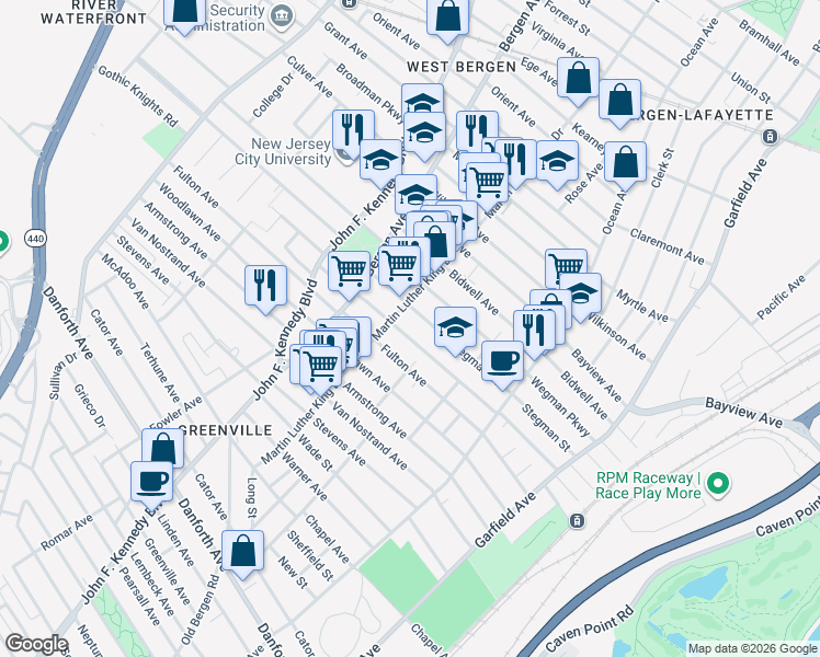 map of restaurants, bars, coffee shops, grocery stores, and more near 158 Martin Luther King Drive in Jersey City