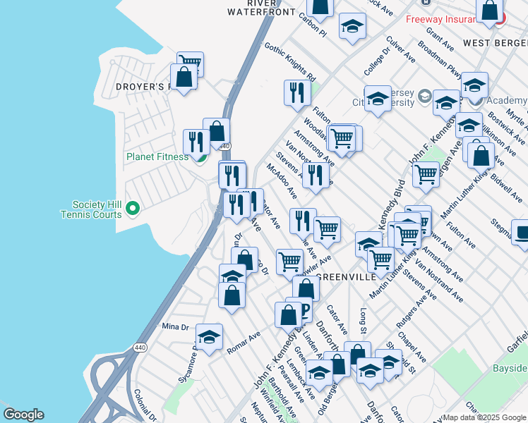 map of restaurants, bars, coffee shops, grocery stores, and more near in Jersey City