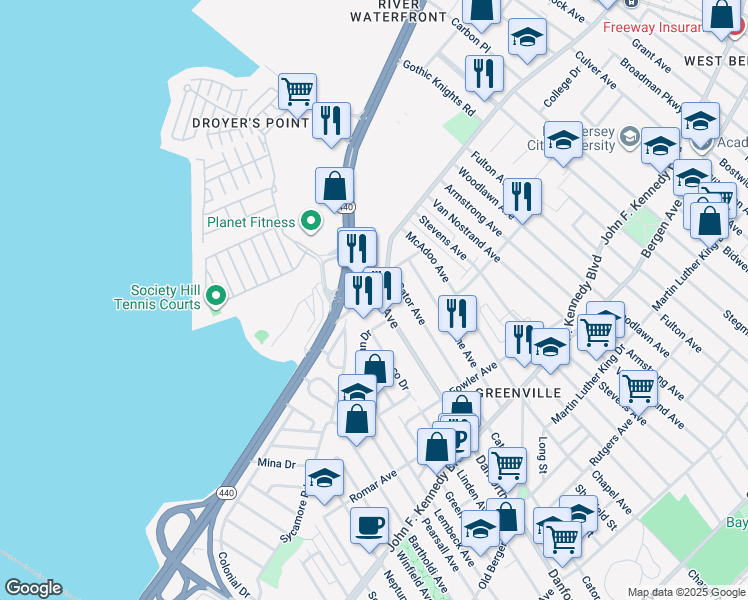 map of restaurants, bars, coffee shops, grocery stores, and more near 1 West Side Avenue in Jersey City
