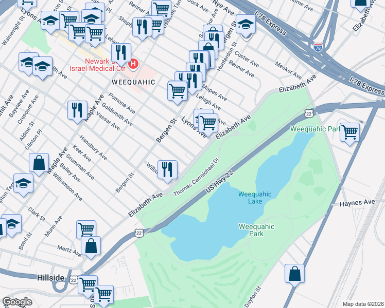 map of restaurants, bars, coffee shops, grocery stores, and more near 28-30 Weequahic Avenue in Newark