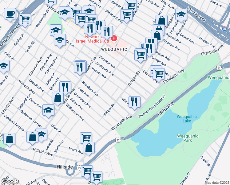 map of restaurants, bars, coffee shops, grocery stores, and more near 96-98 Vassar Avenue in Newark