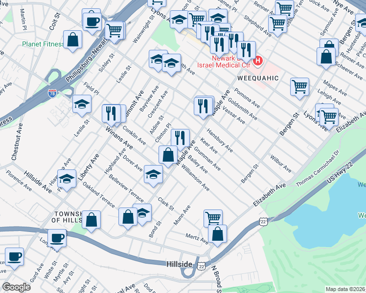 map of restaurants, bars, coffee shops, grocery stores, and more near 174 Keer Avenue in Newark