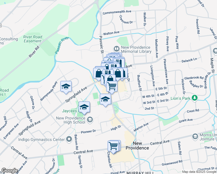 map of restaurants, bars, coffee shops, grocery stores, and more near 14 South Street in New Providence