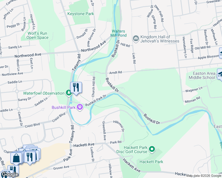 map of restaurants, bars, coffee shops, grocery stores, and more near 1842 Bushkill Drive in Easton