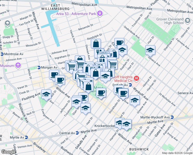 map of restaurants, bars, coffee shops, grocery stores, and more near 59 Irving Avenue in Brooklyn
